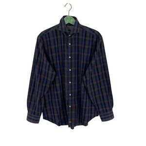 Thomas Dean Navy Green Plaid Button Up Stretch Dress Shirt Long Sleeve Medium‎